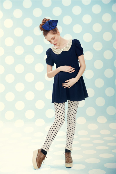 38周藍色娃娃領上衣裙裝波點打底褲