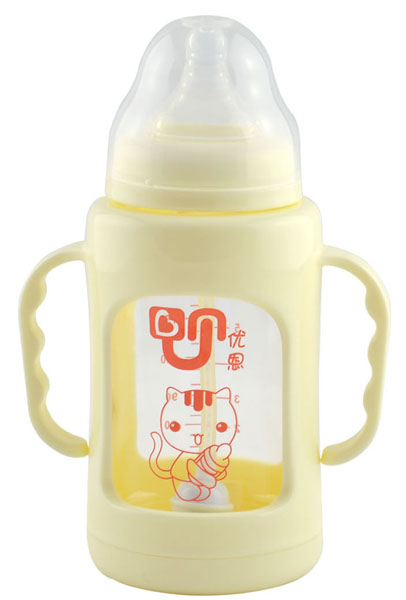 優(yōu)恩黃色寬口防摔防爆玻璃奶瓶180ml