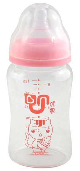 優(yōu)恩粉色寬口晶鉆直身玻璃奶瓶180ml