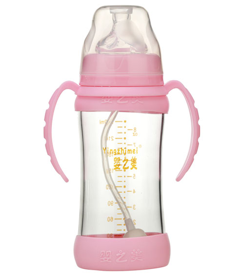 嬰之美寬口雙耳自動(dòng)高硼硅玻璃奶瓶240ML粉色