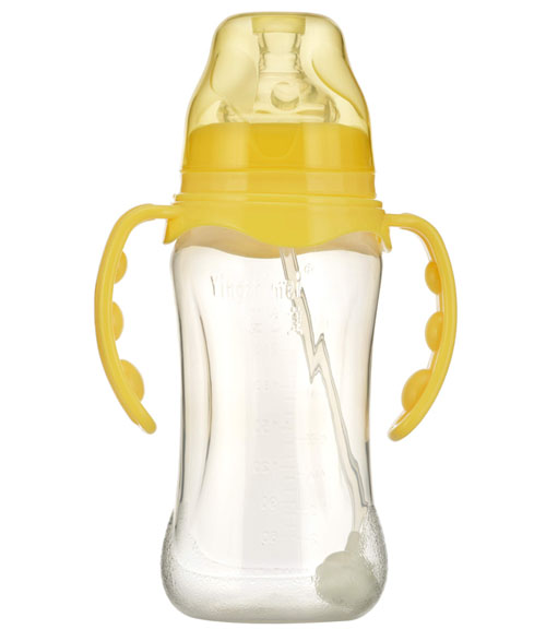 嬰之美寬口雙耳自動(dòng)弧形PP嬰兒奶瓶300ML黃色