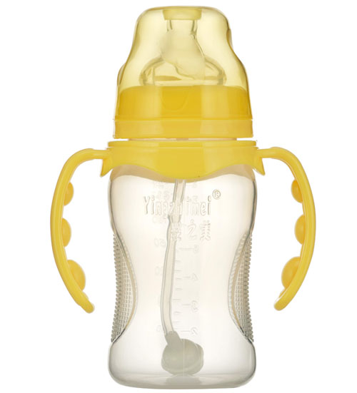 嬰之美寬口雙耳自動(dòng)弧形PP奶瓶240ML黃色