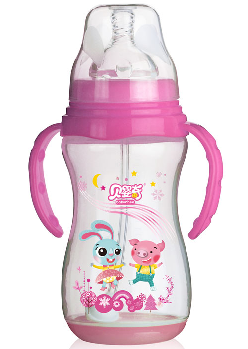 貝嬰奇320ml寬口帶感溫底座奶瓶淺粉