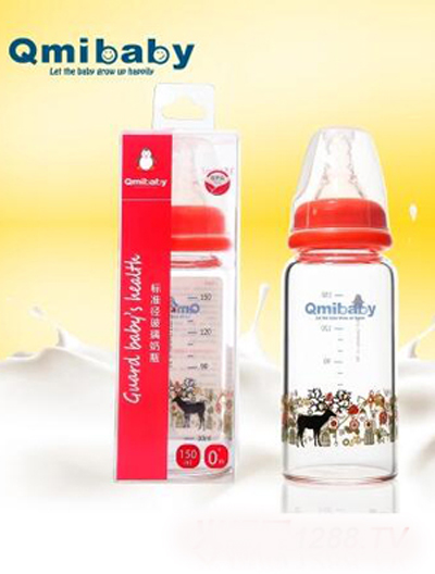 Qmibaby嬰兒高硼硅玻璃標準口徑奶瓶 玫紅色