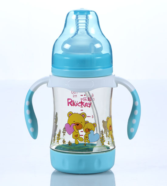 樂起180mL弧形帶柄防滑奶瓶藍色